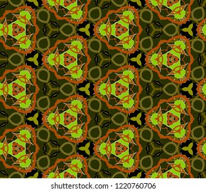 Seamless hexagonal pattern from geometrical abstract ornaments multicolored in green, orange and olive shades on a dark background. Vector illustration. Suitable for fabric, wallpaper, wrapping paper