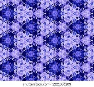 Seamless hexagonal pattern from geometrical abstract ornaments multicolored in blue and lilac shades on a dark background. Vector illustration. Suitable for fabric, wallpaper, wrapping paper