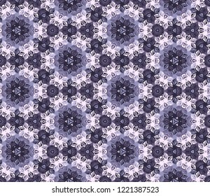 Seamless hexagonal pattern from geometrical abstract ornaments multicolored in grey shades on a dark background. Vector illustration. Suitable for fabric, wallpaper, wrapping paper