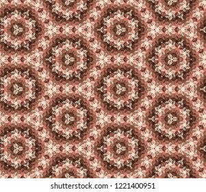 Seamless hexagonal pattern from geometrical abstract ornaments multicolored in beige and brown shades on a dark background. Vector illustration. Suitable for fabric, wallpaper, wrapping paper