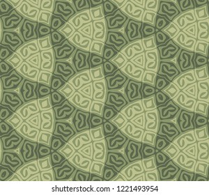 Seamless hexagonal pattern from geometrical abstract ornaments multicolored in olive shades. Vector illustration. Suitable for fabric, wallpaper, wrapping paper