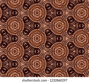 Seamless hexagonal pattern from geometrical abstract ornaments multicolored in beige and brown shades on a dark background. Vector illustration. Suitable for fabric, wallpaper, wrapping paper