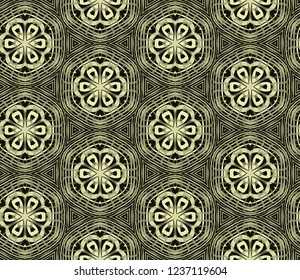 Seamless hexagonal pattern from geometrical abstract ornaments multicolored in yellow shades on a dark olive background. Vector illustration. Suitable for fabric, wallpaper, wrapping paper