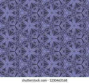 Seamless hexagonal pattern from lilac geometrical abstract lines on a dark background. Vector illustration. Suitable for fabric, wallpaper, wrapping paper