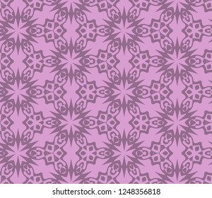 Seamless hexagonal pattern from pale lilac geometrical abstract ornaments on a pink background. Vector illustration. Suitable for fabric, wallpaper, wrapping paper
