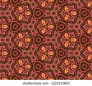 Seamless hexagonal pattern from pink, yellow and olive geometrical abstract ornaments on a dark brown background. Vector illustration. Suitable for fabric, wallpaper, wrapping paper