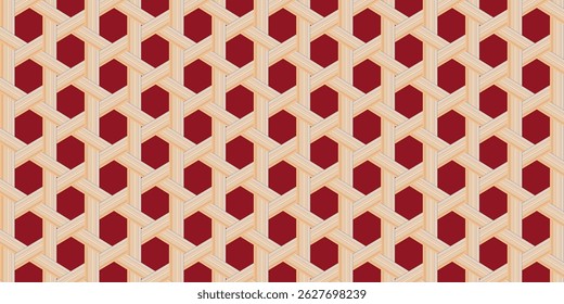 Seamless hexagonal woven wood pattern with light wood texture on dark background, ideal for interior, textile, or graphic design projects.