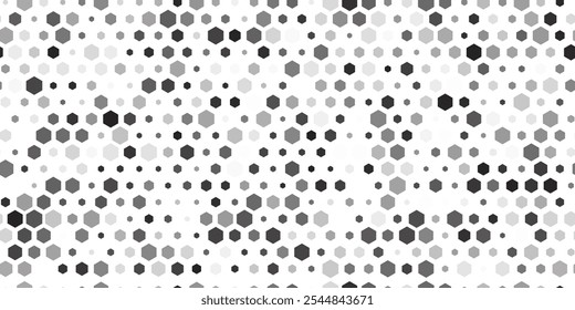 Seamless hexagons background. Black and white template with hexagons.  Honeycomb symbols of different sizes and opacity. Vector illustration