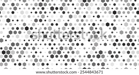 Seamless hexagons background. Black and white template with hexagons.  Honeycomb symbols of different sizes and opacity. Vector illustration