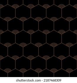 Nahtlose Hexagons, Vektormuster. Honigwabenbäume abstrakter geometrischer, dünner Linien Hintergrund. Stilvolles geometrisches Muster. Orangefarbene Hexagons mit runden Linien, einzeln auf schwarzem Hintergrund.
