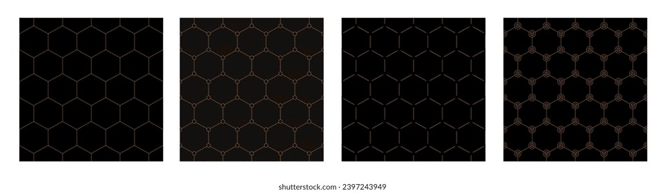 Seamless hexagons vector patterns. Honeycomb abstract geometric backgrounds. Hexagons and small circles. Stylish geometric patterns. Orange hexagons, isolated on black backgrounds.
