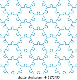 Seamless hexahedron puzzle pattern. Hexagon puzzle piece wallpaper template. Vector banner presentation.