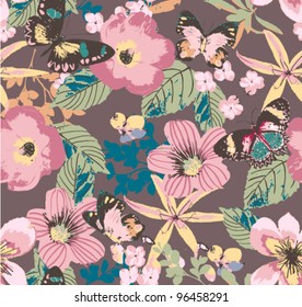 seamless hibiscus botanical  floral  tropical with butterfly on brown background