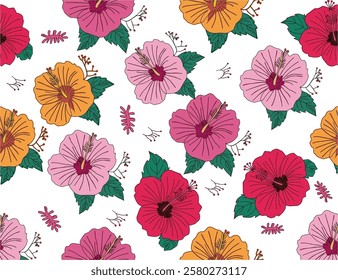 Seamless hibiscus floral pattern. Colorful hibiscus flower with leaf seamless pattern for summer holidays background. Flower vector. Hand-drawn hibiscus flower pattern.  