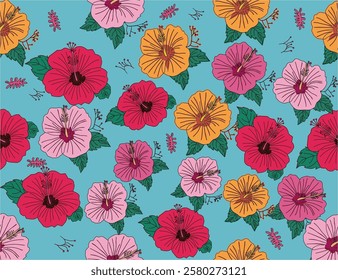 Seamless hibiscus floral pattern. Colorful hibiscus flower with leaf seamless pattern for summer holidays background. Flower vector. Hand-drawn hibiscus flower pattern.  