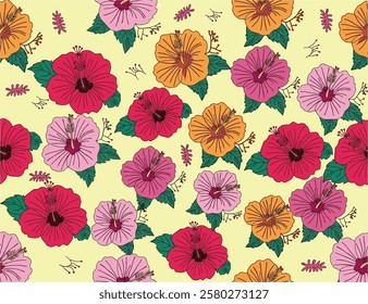 Seamless hibiscus floral pattern. Colorful hibiscus flower with leaf seamless pattern for summer holidays background. Flower vector. Hand-drawn hibiscus flower pattern.  