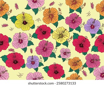 Seamless hibiscus floral pattern. Colorful hibiscus flower with leaf seamless pattern for summer holidays background. Flower vector. Hand-drawn hibiscus flower pattern.  