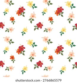 Seamless Hibiscus Floral Pattern On White Background Vector Illustration