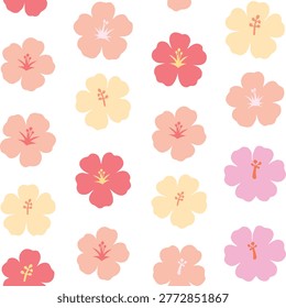 Seamless hibiscus floral pattern in soft pastel tones including pink, yellow and orange. Light tropical background perfect for feminine design, fabric, wallpaper and packaging.
