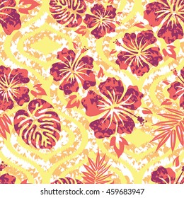 Seamless hibiscus flower and leaves pattern seamless background tile