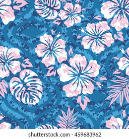 Seamless hibiscus flower and leaves pattern seamless background tile