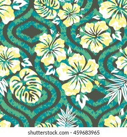 Seamless hibiscus flower and leaves pattern seamless background tile