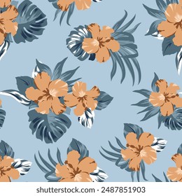 seamless hibiscus flower pattern on blue background