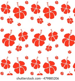 Seamless hibiscus flower texture, red on white, vector illustration