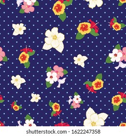 Seamless hibiscus flowers on blue polka dots background
