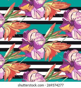 Seamless hibiscus flowers pattern, hand-drawing. Vector, EPS 10