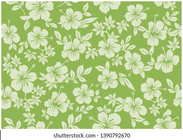 Seamless hibiscus illustration pattern, green colors, background image of tropical and Hawaiian and tropical images, apparel, textiles, light blue, tropical colors