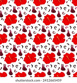 Seamless Hibiscus pattern. Dry and fresh hibiscus flowers. Hibiscus tea, dried and fresh flowers. Repeated Vector illustration of drink in simple cartoon flat style for wallpaper, textile, wrapping