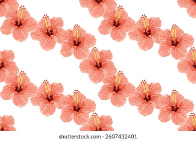 Seamless hibiscus pattern is inspired by the tropical hibiscus flower, which holds cultural significance in many traditions. Often used in fashion, decor, and design, it evokes a summer atmosphere.