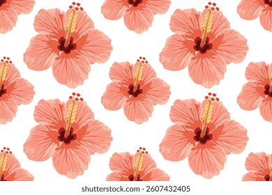 Seamless hibiscus pattern is inspired by the tropical hibiscus flower, which holds cultural significance in many traditions. Often used in fashion, decor, and design, it evokes a summer atmosphere.
