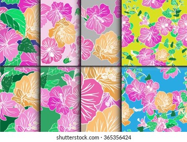 Seamless hibiscus pattern set. repeating floral pattern