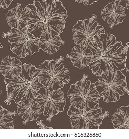 Seamless with hibiscus, tropical plant.  hand drawn.