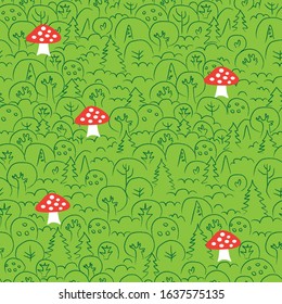 Seamless high contrast pattern with the green forest and red fly agaric.