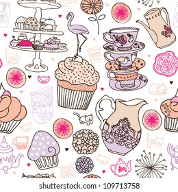 Seamless High Tea Cake And Cats Party Vector Pattern Background