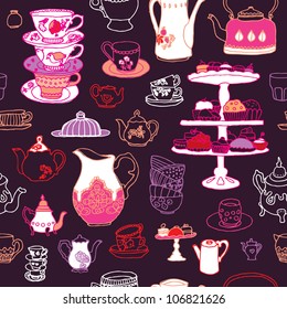 Seamless High Tea Cake Party Cup And Pot Vector Pattern Background