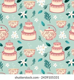 Seamless high tea cake party cup and pot vector pattern background