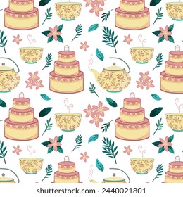 Seamless high tea cake party cup and pot vector pattern background