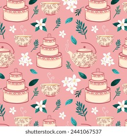 Seamless high tea cake party cup and pot vector pattern background