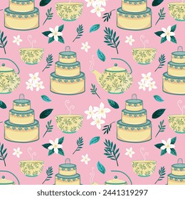 Seamless high tea cake party cup and pot vector pattern background