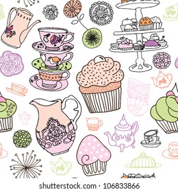 Seamless High Tea Party Cupcake Coffee Background Pattern In Vector