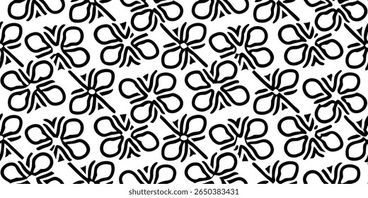 A seamless, high-contrast pattern featuring stylized four-petal flowers and sharp triangular elements arranged in a repeating tessellation against a white background.