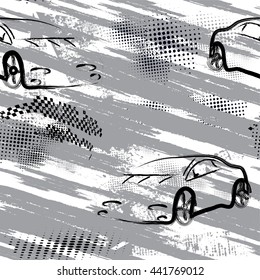 Seamless high-speed vector pattern for boy. Can be used for design on notebooks, covers. Picture consists of squares, dots and car on a gray background. 