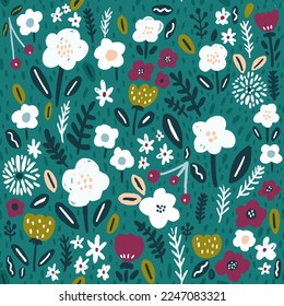 Seamless hight detailed botanical pattern with ink drawn flowers. Floral green texture for fabric, textile, digital papers. Vector illustration