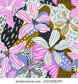Patrón botánico detallado e impecable con flores dibujadas con tinta. Textura de la jungla floral para tela, textil, papel digital. Ilustración del vector