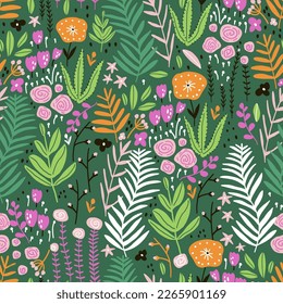 Seamless hight detailed botanical pattern with flowers, berries, branches. Floral green texture for fabric, textile, digital papers. Vector illustration