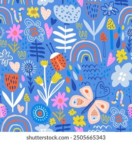 Seamless hight detailed botanical pattern with rainbows, bugs, butterfly, flowers, leaves. Floral artistic texture for fabric, textile, digital papers. Vector illustration